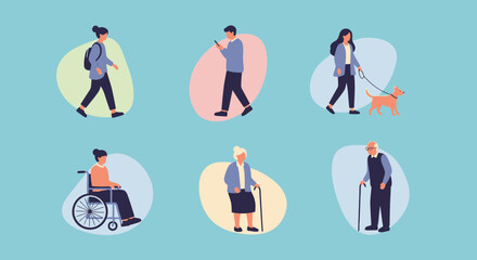Diverse People Walking and Mobility Aids Illustration.