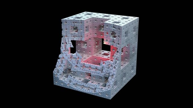 Internal structures within Menger cube.
Cross section views of Menger Sponge Levels 1, 2, 3, 4. 
3d animation rendering.
