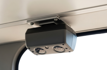 Modern car windshield mounted camera sensor for driver assist on a transparent background