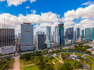 Fototapeta premium Downtown MIami Florida 2026. Aerial drone photo taken by Bayfront Park. Business buildings along Biscayne Boulevard