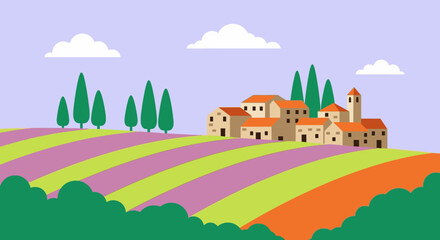 Naklejka premium Colorful landscape with rolling hills and a rural village.