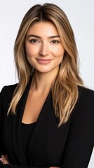 Fototapeta premium Stunning professional woman with flowing blonde hair and chic black blazer portrait for business and fashion style.