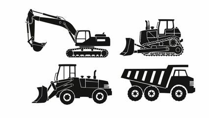Set of construction vehicles including excavator bulldozer loader and dump truck. © Sikapat