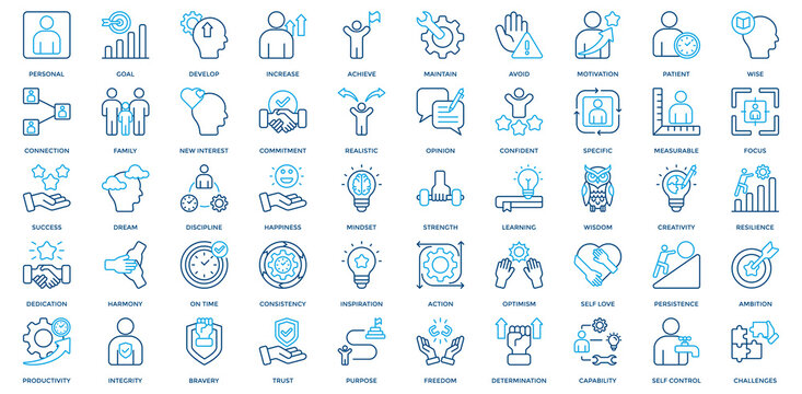 Personal Goal icon set. Containing personal, goal, develop, increase, achieve, new interest, commitment, realistic icon. Outline Color style