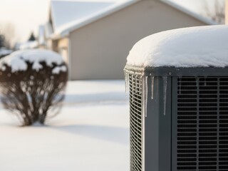 Snow covered air conditioning unit in front of a house on a winter day with a bush