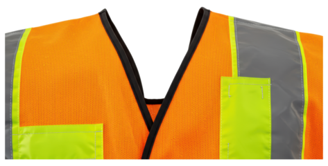 High visibility orange and yellow safety vest with reflective strips on a transparent background