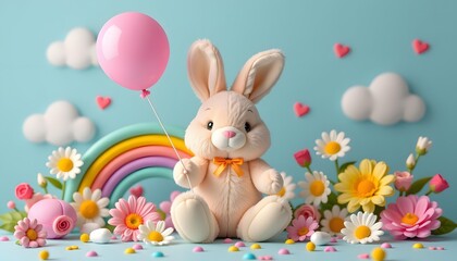 Obraz premium Whimsical Bunny Scene with Colorful Balloon Surrounded by Flowers and Rainbows for Joyful Spring Celebrations