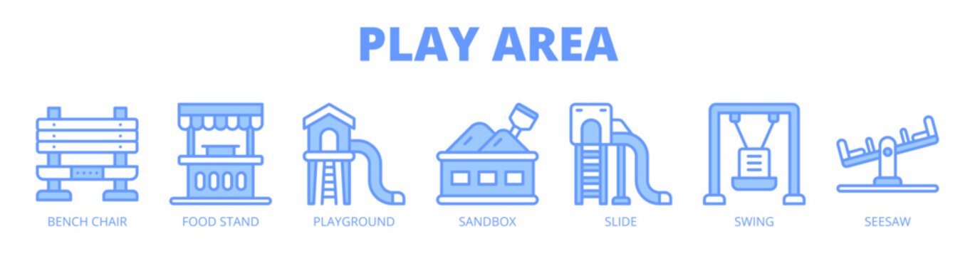 Play Area web banner icon vector illustration concept for outdoor public play space, with icon of bench chair, food stand, playground, sandbox, slide, swing, and seesaw.