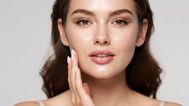 A young woman with flawless skin gently touches her cheek