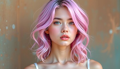 Vibrant Portrait of a Young Woman with Soft Pink Hair Radiating Natural Beauty Against a Warm Background