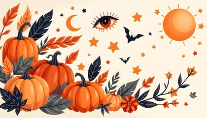 Obraz premium Vibrant Autumn Collage Illustration Featuring Pumpkins, Leaves, Stars, and Bats for Fall-Themed Design Projects and Seasonal Decor