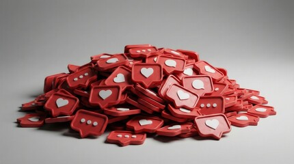 A large pile of red social media notification icons, including hearts and speech bubbles, symbolizing likes and comments, on a plain background.