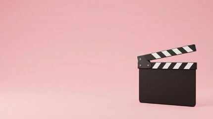 Naklejka premium A black clapperboard with white stripes rests on a plain pink background, symbolizing the film industry and production.