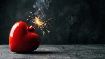 A red heart-shaped bomb with a lit sparkler fuse, emitting bright sparks and smoke against a dark background, representing explosive love or emotional intensity.