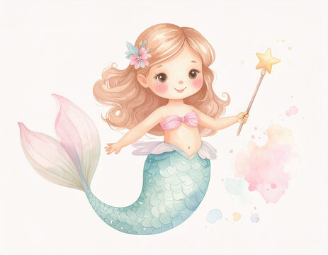 Adorable Watercolor Mermaid Princess Illustration with Magic Wand and Teal Fish Tail Isolated on White Background