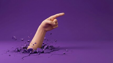 A human hand breaking through a vibrant purple surface, pointing directly to the right in a minimalist and abstract composition.