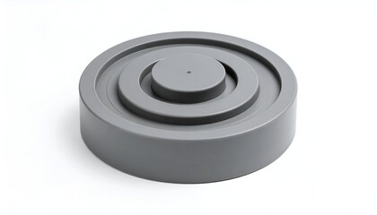 Grey, stepped cylinder object with three concentric circles on a white background