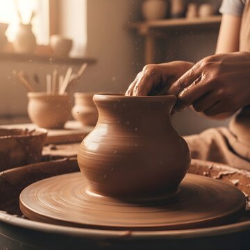 도자기 공장에서 물레방아 위로 도예중Pottering over the spinning wheel at the pottery factory