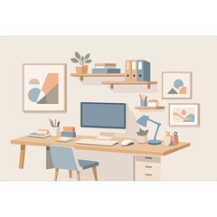 Aesthetic Home Office Illustration Serene and Productive Workspace with Desk, Computer, Organized Shelves, and Stylish Decor for Remote Work