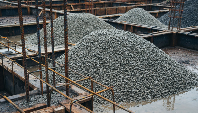 Gravel piles at construction site for building foundation with steel rebar