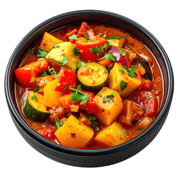Hearty Ghiveci stew, a one-pot Moldovan dish with layers of vegetables, isolated on white background.
