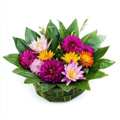 Naklejka premium Vibrant flower arrangement in a wooden basket.