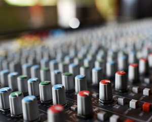 Fototapeta premium Analog mixer with manual knobs, multiple inputs, clear sound control, durable build, simple interface, ideal for live or studio audio
