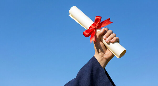 Hand of graduate student holding diploma scroll with red ribbon against clear blue sky