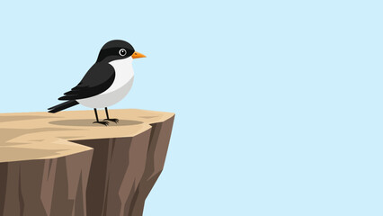 Fototapeta premium Cute cartoon bird on cliff edge, vector illustration, sky background
