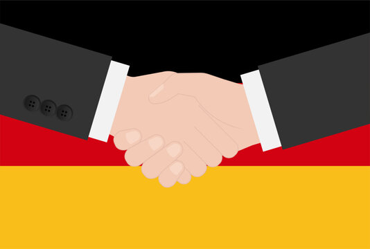 Two Businessman Shaking Hand in front of Flag of Germany. Vector Illustration.