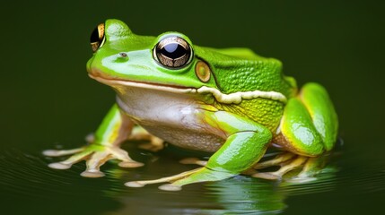  vibrant green frog resting on the water's surface, showcasing its striking eyes and smooth skin, epitomizing nature's beauty.