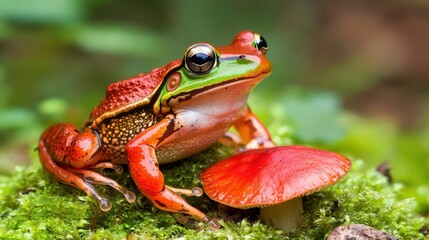 vibrant red-eyed frog perched on lush moss beside a striking red mushroom, showcasing nature's rich colors and intricate details.