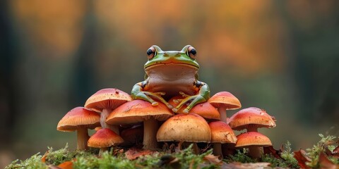  vibrant green frog rests atop a cluster of red mushrooms in a forest, surrounded by autumn foliage, creating a whimsical natural scene.
