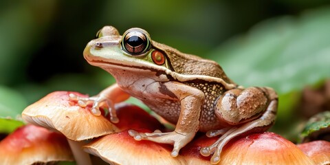  vibrant frog perched on colorful mushrooms, showcasing intricate details against a blurred green background.