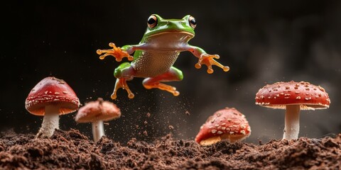 vibrant green frog leaps among red mushrooms, showcasing a dynamic moment in a whimsical forest setting.