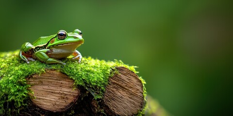 vibrant green frog resting on moss-covered logs, blending harmoniously with its natural surroundings.