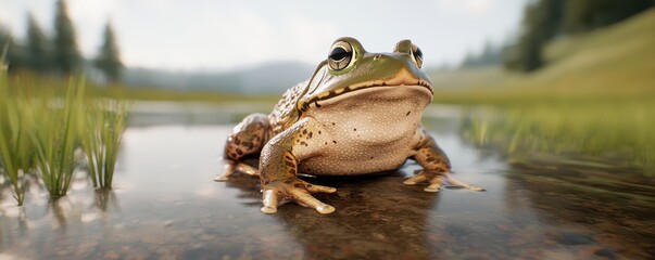  close-up of a frog sitting in shallow water, surrounded by grass and a scenic landscape, highlighting its detailed features and natural habitat.