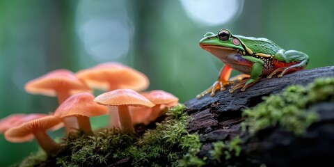 vibrant green frog rests on a log near delicate pink mushrooms, surrounded by lush greenery, creating a serene forest scene.