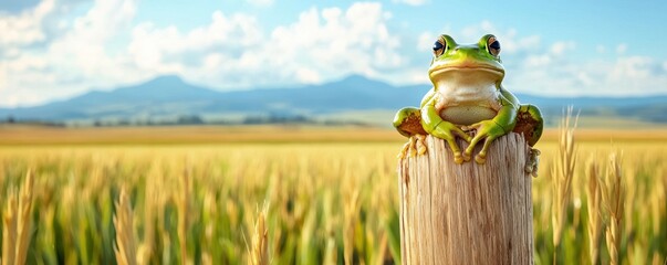 vibrant green frog perches confidently on a wooden post in a sunny rice field, with mountains and a blue sky in the background.