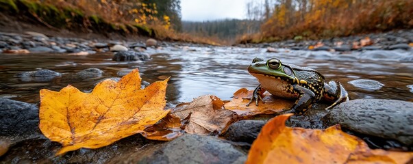 frog rests on a rock amidst colorful autumn leaves by a serene stream, surrounded by a tranquil natural landscape.