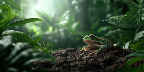 vibrant frog rests on earthy soil, surrounded by lush green foliage, creating an enchanting jungle atmosphere.