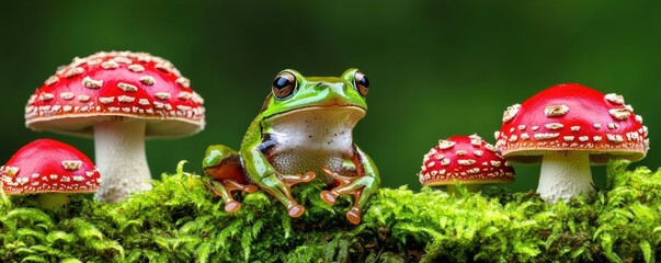  vibrant green frog sits among colorful red mushrooms on lush moss, creating a whimsical and enchanting forest scene.