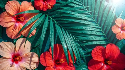 Obraz premium Tropical Hibiscus Flowers and Palm Leaves Displaying Vibrant Colors and Freshness with Water Droplets for Summery Floral Designs and Backgrounds.