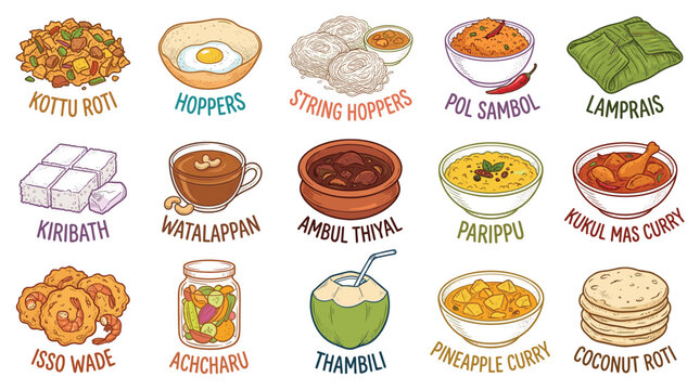 Vibrant illustration showcasing sixteen Sri Lankan dishes arranged in four rows, presented from an overhead view, highlighting cultural heritage and culinary diversity