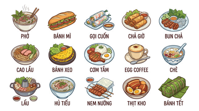 A vibrant illustrated showcase of sixteen iconic Vietnamese dishes arranged in four rows on a white backdrop, viewed from a straight-on perspective highlighting culinary diversity