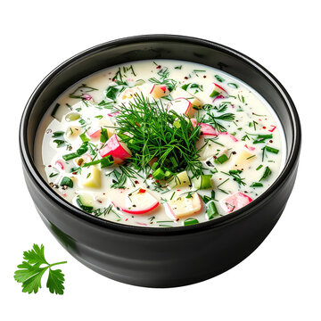 Hearty Russian cold soup, okroshka, a mix of chopped vegetables, meat, and herbs in a kvass broth, isolated on a white background.