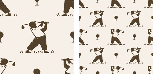 Golf Swing Seamless Pattern with Minimalist Golfer Silhouette and Course Icons in Brown