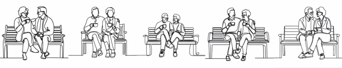 line art of an old couple sitting on a park bench drinking coffee together