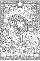 Obraz premium Intricate vertical coloring page of a richly adorned horse surrounded by friendly forest sprites, mushrooms, and foliage, ideal for fantasy art lovers and mindful coloring.