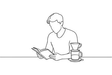Minimal Continuous One Line Art Man Reading with Coffee Lifestyle Illustration for Website and Editorial Design